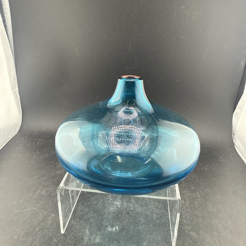 Vintage IKEA Salong Squat Bud Vase Blue Turquoise Glass Johanna Jelinek MCM 5”